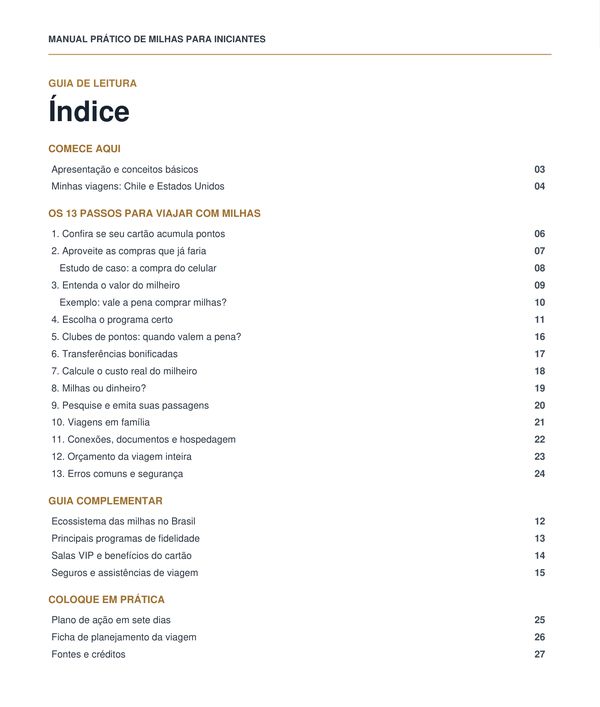O índice: os 13 passos, do cartão à emissão, e o guia complementar.